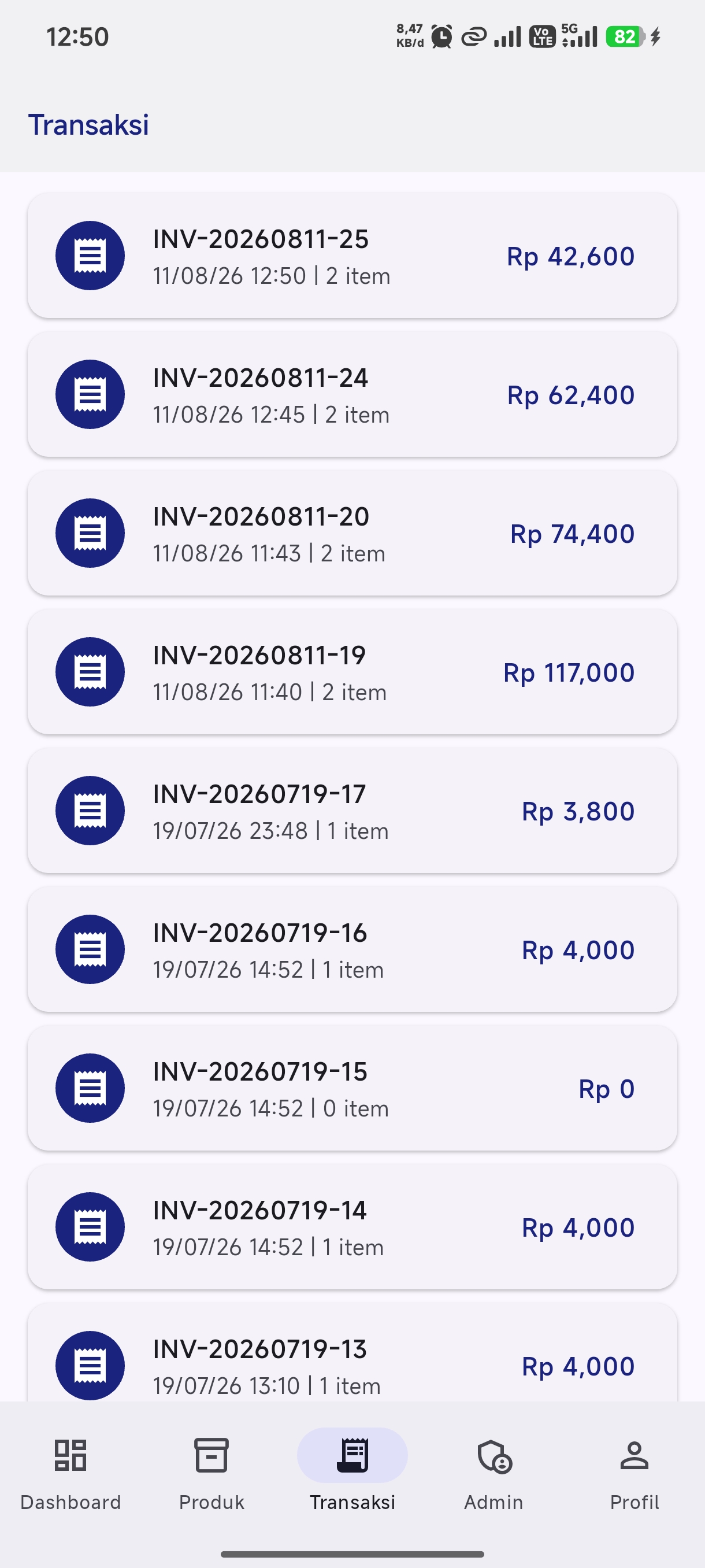 Halaman transaksi aplikasi Navy POS Android